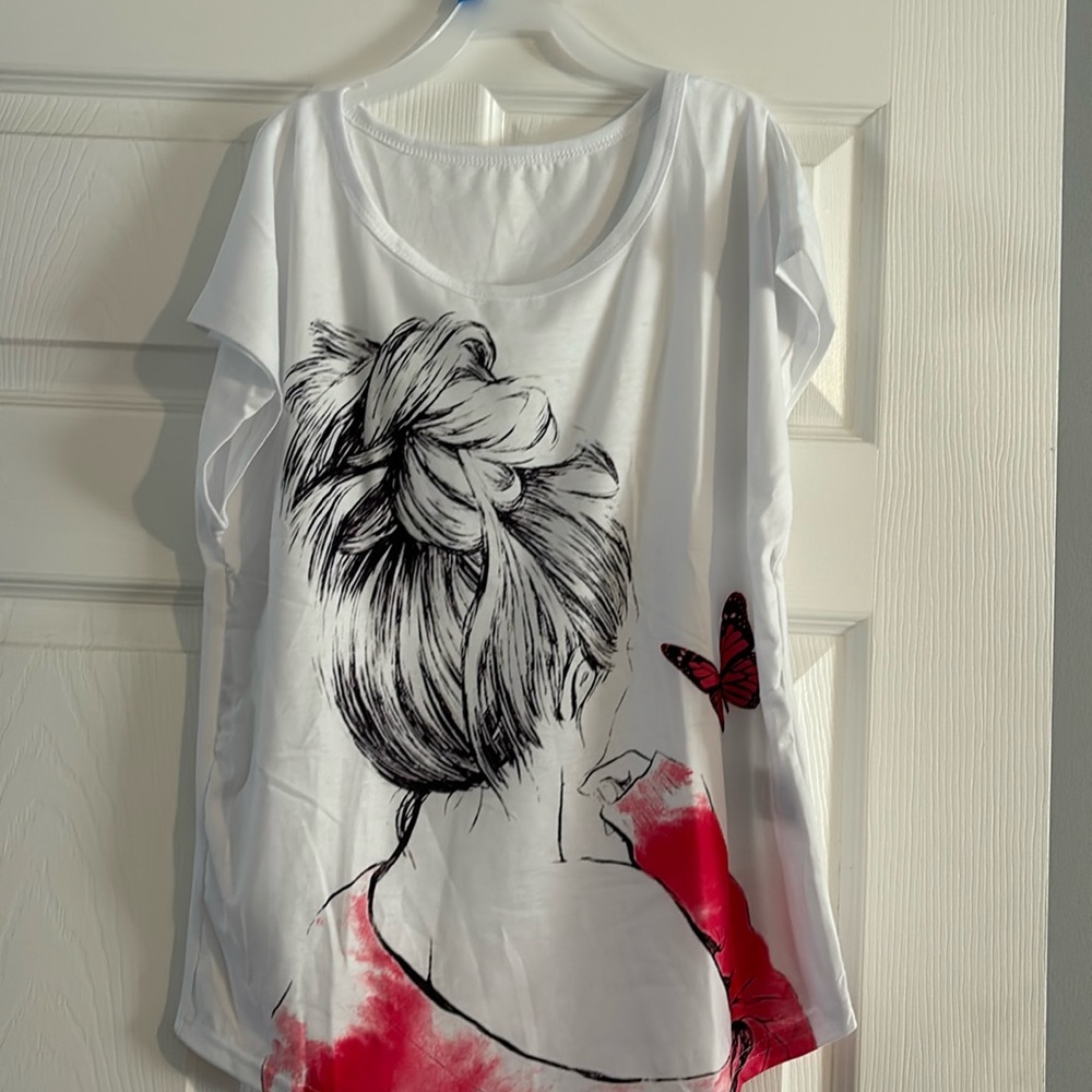 Woman character printed shirt with butterfly size small from SHEIN
